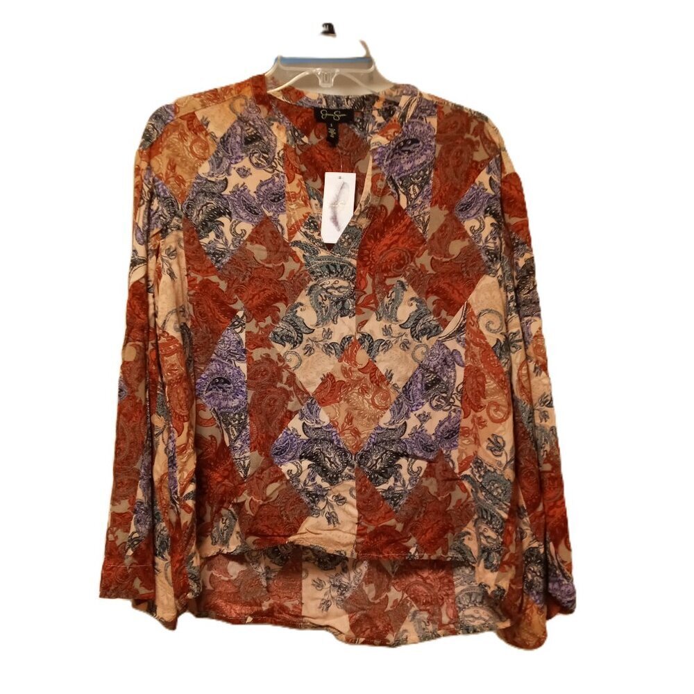 Jessica Simpson Patchwork Boho Blouse Multicolor Long Sleeve Oversized Small